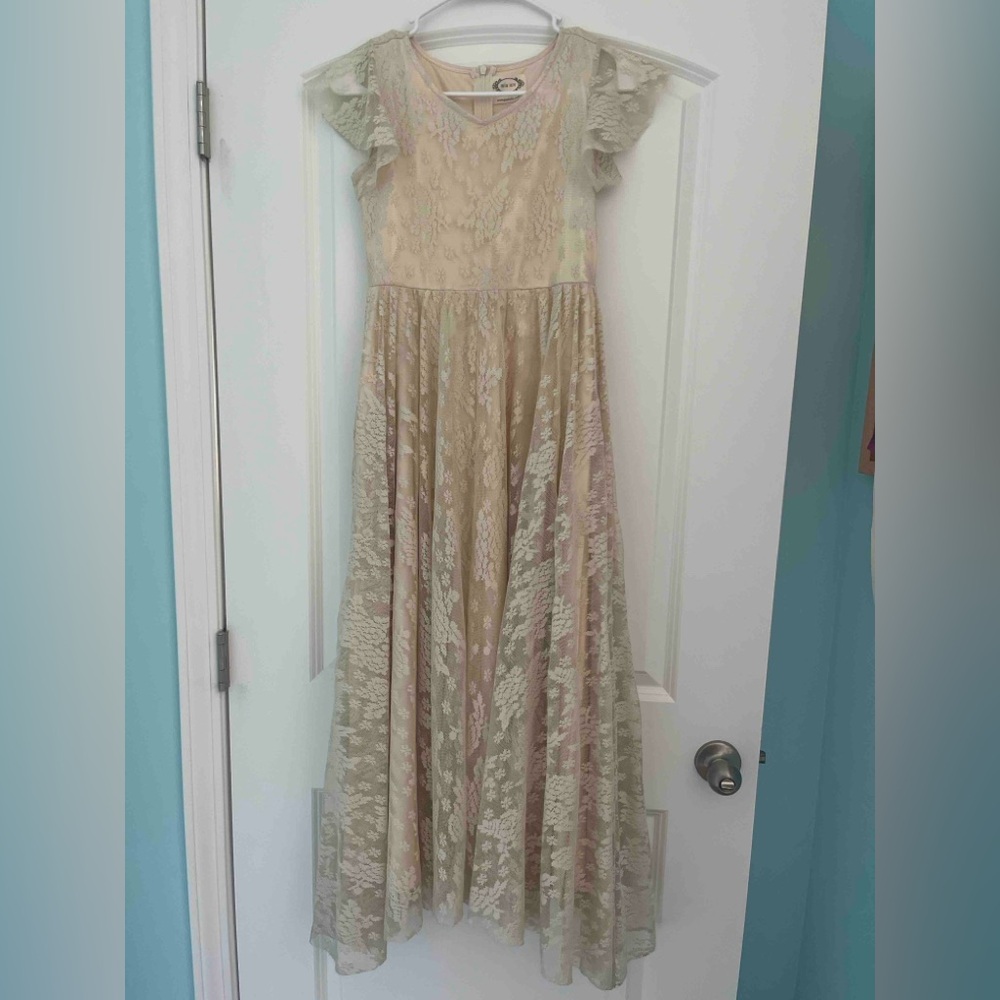 Elegant Lace Kids Dress in Cream and Pink